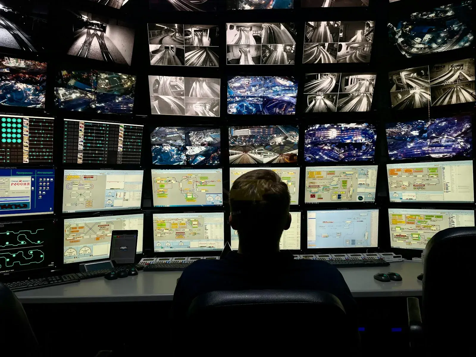 Opérateur de télésurveillance devant un mur d'écrans